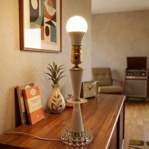 Vintage Mid-Century Modern White Glass & Brass Vanity Lamp - 12" Hollywood Regency Boudoir Light - MCM Accent Lamp