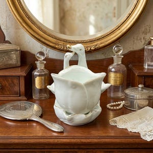 May include: A white ceramic swan-shaped container with gold trim, resting on a matching base. The container is on a wooden surface, with a gold-framed mirror in the background. Other vintage items are also visible.