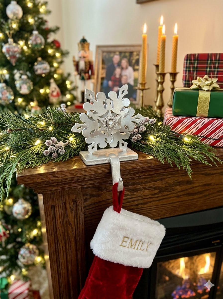 4 Pcs Christmas Village Stocking Holder For Mantle LED Christmas Village House Stocking Hook Set Fireplace Stand Hanger Xmas Holiday Counter Window Decor