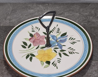 Vintage Stangl Pottery Hand-Painted Floral Tidbit Tray with Metal Handle – 1940s/50s Ceramic Serving Plate – Cottagecore Kitchen Decor