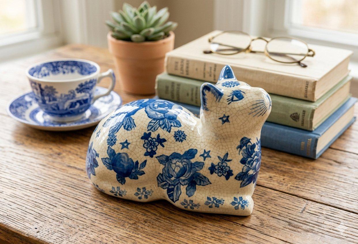 Antique Blue Porcelain Cat - Etsy