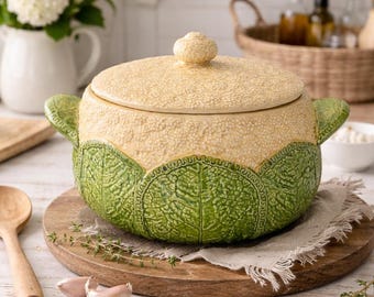 Green Cabbage Ware Covered Tureen | Cauliflora by JSI Made in Japan | Majolica Style Vegetable Dish | Cottagecore Farmhouse Kitchen Decor