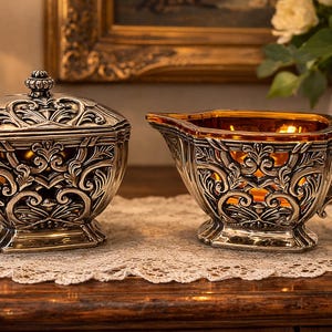 Vintage Godinger Silver-Plated Creamer & Sugar Bowl Set with Amber Glass Inserts