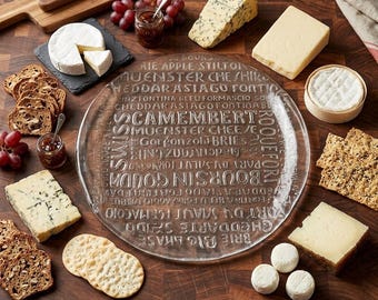 Vintage MCM Typography Glass Cheese Platter – Handled Serving Tray