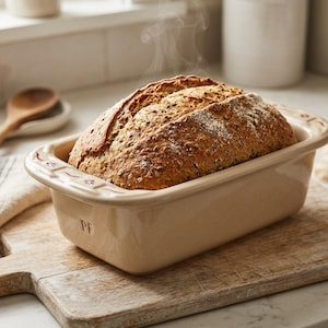 May include: A freshly baked loaf of bread in a rectangular ceramic baking dish. The bread is golden brown with a textured crust and is steaming. The dish is beige with decorative floral accents and sits on a wooden cutting board.