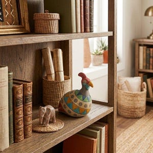 May include: A wooden bookshelf containing various books, a small woven basket, a terracotta vase, a small elephant figurine on a woven coaster, and a colorful ceramic guinea fowl figurine with geometric patterns in blue, orange, and green.