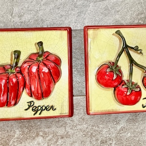 Vintage Kate McRostie 3D Vegetable Wall Plaques - Pepper & Tomato Set