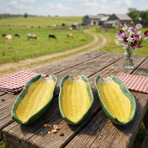May include: Three ceramic serving dishes shaped like corn on the cob, featuring bright yellow kernels and textured green husks. The dishes are elongated and curved, designed to hold individual ears of corn, with a glossy finish on the surface.