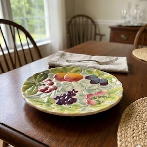 Vintage Saint Clement French Majolica Fruit Platter | Embossed Faience Charger Plate | Antique Barbotine Ceramic Serveware | Made in France
