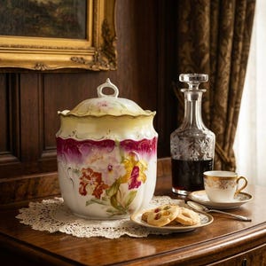 May include: A decorative ceramic cookie jar with a lid, featuring a floral design in shades of yellow, pink, and orange. The jar sits on a lace doily, next to a plate of cookies, a decanter, and a teacup.