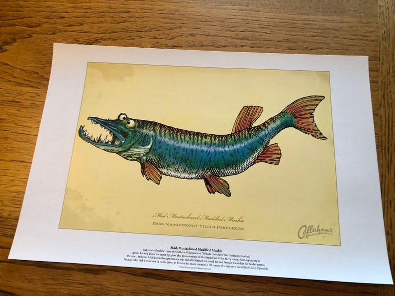 May include: A print of a Mad, Mustachioed, Muddled Muskie fish illustration. The fish is green and blue with a large mouth and cartoonish eyes. The print has text at the bottom and the artist's signature in the lower right corner.