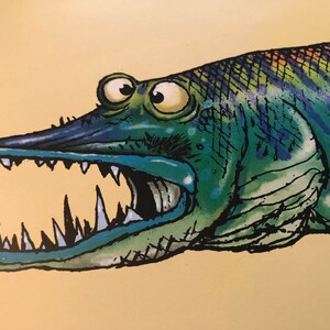 May include: A cartoon illustration of a fish with a long snout and large, sharp teeth. The fish has bulging eyes and is colored in shades of green, blue, and orange. The background is a light yellow.