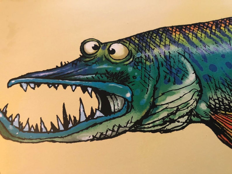 May include: A cartoon illustration of a fish with a long snout and large, sharp teeth. The fish has bulging eyes and is colored in shades of green, blue, and orange. The background is a light yellow.