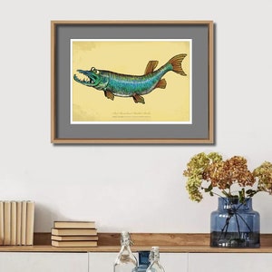 May include: A framed art print featuring a detailed illustration of a fish with sharp teeth and a teal and blue body. The artwork is set against a yellow background and framed in a wooden frame. The print is displayed on a white wall.