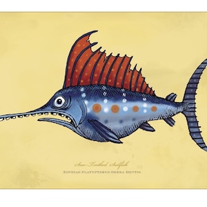 Saw-Toothed Sailfish ha firmato la stampa su carta brillante usando inchiostro d'archivio. 12X18". Opera vincitrice del National Award di Rich Powell