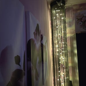 May include: A decorative lamp with a black shade and a string of small, warm white lights. The lamp has a cylindrical shape and is adorned with a butterfly. The lamp is next to a canvas print of a flower.