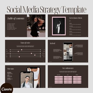 Aesthetic social media strategy template with dark brown and pink accents. The template includes slides with text and images, such as "Table of Contents," "Get to know them," and "Our Stats." The Canva logo is visible. The template has 30+ editable slides.