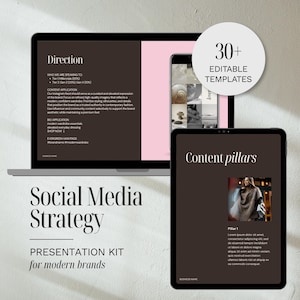May include: A laptop, tablet, and smartphone display a social media strategy presentation kit. The laptop screen shows "Direction" and the smartphone displays images. The tablet shows "Content pillars" with an image. The kit includes "30+ Editable Templates".