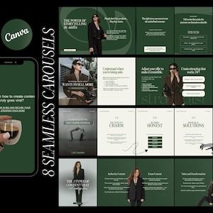 May include: A digital marketing template set for social media featuring eight seamless carousel designs in dark green and cream tones. The layouts include text overlays, photography of individuals in professional attire, and instructional content.