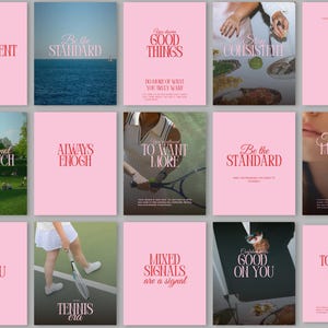 Könnte beinhalten: Eine Sammlung rosa Poster mit rotem Text. Die Poster zeigen verschiedene Sätze wie "Bleib konsequent" und "Sei der Standard". Einige Poster enthalten Bilder, darunter ein Tennisspieler, eine Parkszene und eine Nahaufnahme eines Paares.