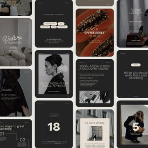 Peut inclure: Ensemble de graphiques numériques liés au marketing et aux affaires. Les images présentent des superpositions de texte avec des phrases telles que "Valora in Numbers", "Office Reset" et "Social Media is Not Social Anymore". La palette de couleurs est principalement noire, blanche et beige.