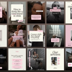 May include: A collection of fifteen social media templates featuring a cohesive aesthetic with cream, white, and soft pink accents. The designs incorporate serif typography, minimalist layouts, and photographic elements, displaying text such as 3 trends on Instagram now, How to think like a viral brand in 2026, and Our services.