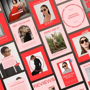May include: A collection of red and pink marketing materials with images of people and text. The text includes phrases like "Content Made Simple," "Hey, I'm Olivia," and "Marketing Masterclass." The overall theme is business and branding.