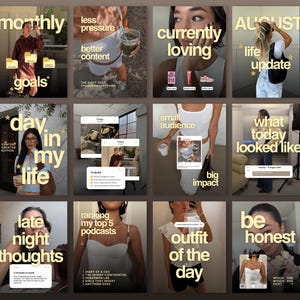 Può includere: Una griglia di quindici modelli per post sui social media con fotografia lifestyle, palette di colori neutri e tipografia sans-serif in grassetto. Le immagini mostrano varie attività quotidiane, outfit alla moda e sovrapposizioni di testo con frasi come monthly goals, day in my life e outfit of the day.