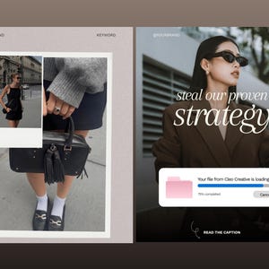 May include: A digital marketing graphic featuring two panels. The left shows a black handbag with tassels and loafers. The right displays a person in a brown blazer and sunglasses with a loading bar graphic and the text, steal our proven strategy.