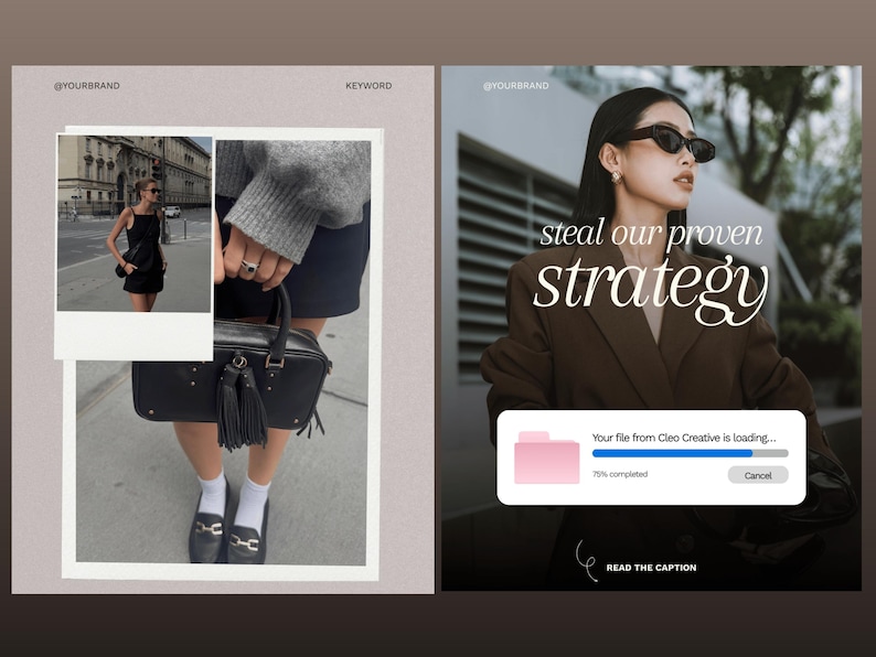 May include: A digital marketing graphic featuring two panels. The left shows a black handbag with tassels and loafers. The right displays a person in a brown blazer and sunglasses with a loading bar graphic and the text, steal our proven strategy.