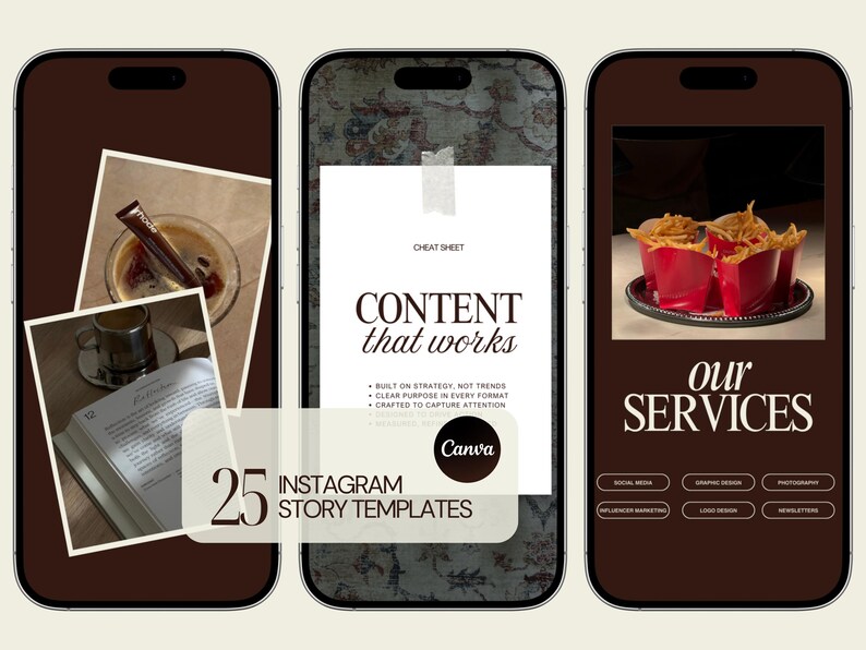 K&ouml;nnte beinhalten: Drei Smartphone-Bildschirme, die digitale Inhalte anzeigen. Der linke Bildschirm zeigt Kaffee und ein Buch. Der mittlere Bildschirm zeigt ein "Cheat Sheet" mit dem Text "CONTENT that works" und "25 INSTAGRAM STORY TEMPLATES". Der rechte Bildschirm zeigt Essen und die Worte "our SERVICES".