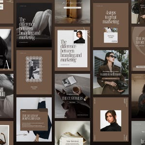 Peut inclure: Une collection de modèles pour réseaux sociaux présentant une palette de couleurs marron et blanc avec divers styles typographiques, des portraits photographiques et des éléments de design graphique incluant des cadres et des mises en page.
