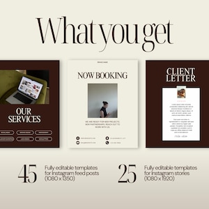 K&ouml;nnte beinhalten: Eine Werbegrafik mit dem Text &bdquo;What you get&ldquo; in einer stilvollen Schriftart. Das Bild zeigt drei Mockups von Instagram-Vorlagen, darunter &bdquo;Our Services&ldquo; und &bdquo;Client Letter&ldquo;. Die Grafik hebt au&szlig;erdem 45 Feed-Post-Vorlagen und 25 Story-Vorlagen hervor.
