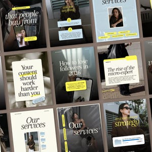 May include: A collection of fifteen digital social media templates featuring a neutral color palette with white, black, and yellow accents. The designs include various layouts with bold typography, text boxes, and placeholders for images of people.