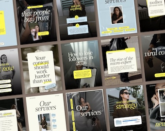 May include: A collection of fifteen digital social media templates featuring a neutral color palette with white, black, and yellow accents. The designs include various layouts with bold typography, text boxes, and placeholders for images of people.