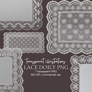 Puede incluir: Ilustraciones PNG de tapetes de encaje blanco. La imagen muestra varios tapetes rectangulares y cuadrados con intrincados diseños de encaje. Algunos tapetes tienen diseños florales o de corazón. El texto dice "Transparent illustrations LACE DOILY PNG".