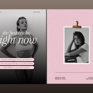 May include: A two-panel digital marketing template featuring a black and white photograph of a person on the left with the text the best hooks right now and three pink buttons. The right panel is pink with a photo clipped by a gold clip.