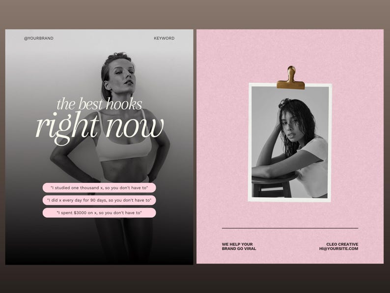 May include: A two-panel digital marketing template featuring a black and white photograph of a person on the left with the text the best hooks right now and three pink buttons. The right panel is pink with a photo clipped by a gold clip.