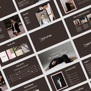 May include: A presentation layout with multiple slides featuring text and images. The slides have a dark brown background with white and pink accents. Topics include brand overview, target group, and brand codes. Images include people and charts.