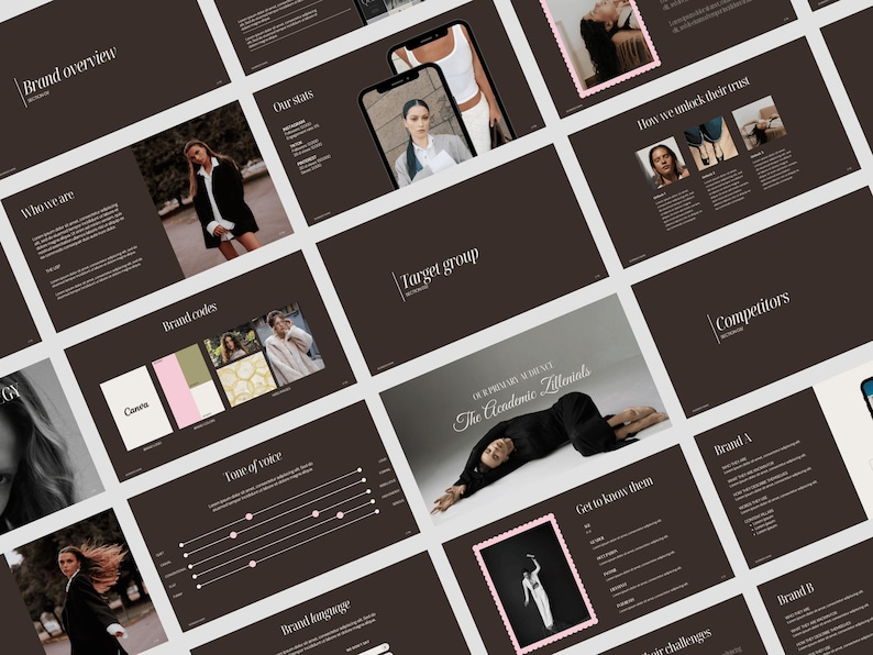 May include: A presentation layout with multiple slides featuring text and images. The slides have a dark brown background with white and pink accents. Topics include brand overview, target group, and brand codes. Images include people and charts.