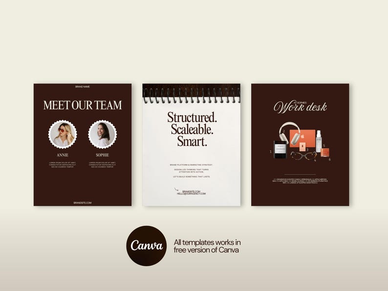 K&ouml;nnte beinhalten: Drei braune Vorlagen mit wei&szlig;em Text und Bildern. Eine sagt "Meet Our Team" mit zwei Fotos. Eine andere sagt "Structured. Scaleable. Smart." Die dritte sagt "Work desk" mit Schreibtischartikeln. Unten befindet sich ein Canva-Logo.