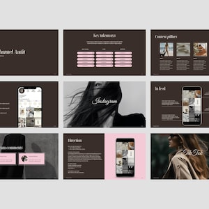 May include: A presentation layout with a dark brown background and white text. The slides include the words "Channel Audit", "Profile", "Instagram", "Direction", "Instagram comments", "key takeaways", "Content pillars", "In feed", and "Tik Tok". The slides also feature images and mockups of Instagram and TikTok.