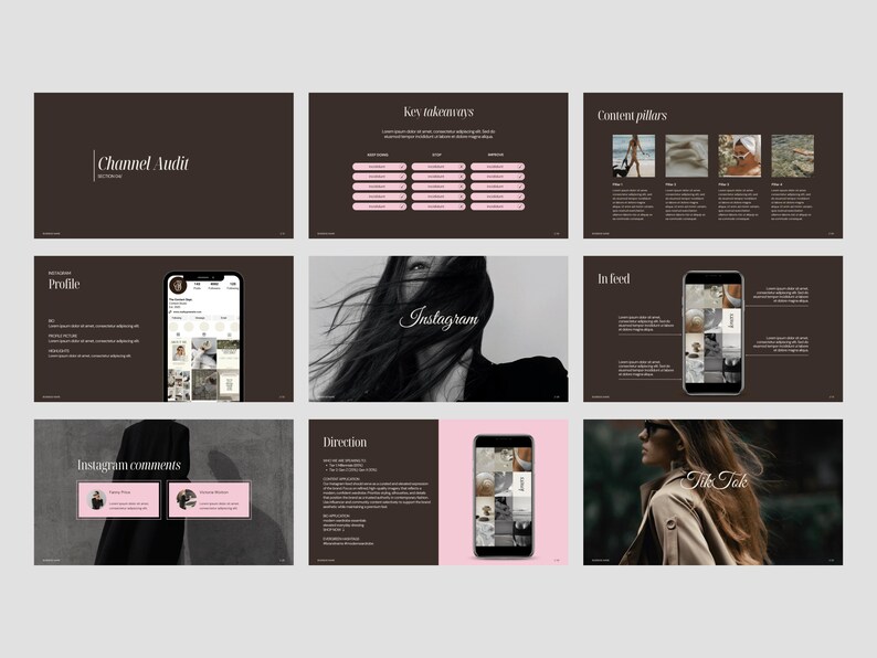 May include: A presentation layout with a dark brown background and white text. The slides include the words "Channel Audit", "Profile", "Instagram", "Direction", "Instagram comments", "key takeaways", "Content pillars", "In feed", and "Tik Tok". The slides also feature images and mockups of Instagram and TikTok.