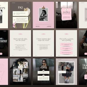 May include: A collection of fifteen digital social media templates featuring a light pink, white, and dark gray color palette. The designs include various layouts with serif typography, placeholder text, and frames for images, intended for content creation.