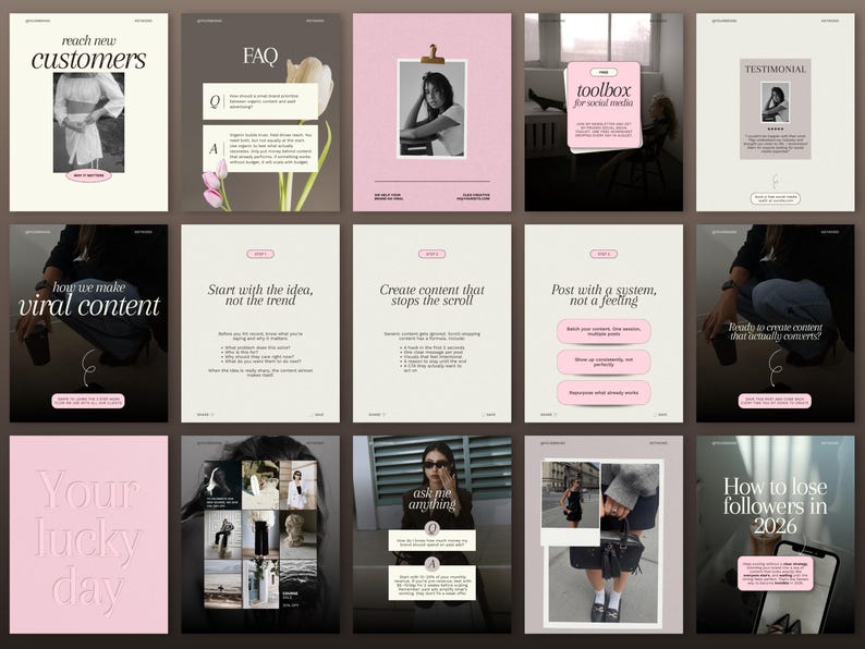 May include: A collection of fifteen digital social media templates featuring a light pink, white, and dark gray color palette. The designs include various layouts with serif typography, placeholder text, and frames for images, intended for content creation.
