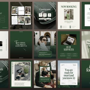 May include: A collection of social media posts with a dark green and white color scheme. The posts include text such as "Contact Us!", "Now Booking", "Our Story", "New Services", "Three Things You Should Know About Us", "Our Services", "The timing will never be perfect. Start anyway.", "After Work", "Trend Insights", "You are ready for more (and you know it)", and "Lead forward".