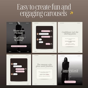 May include: A digital template set for social media carousels featuring six distinct slides with a neutral color palette. The design includes serif typography, text boxes, chat bubble graphics, and photographic elements with the text Easy to create fun and engaging carousels.