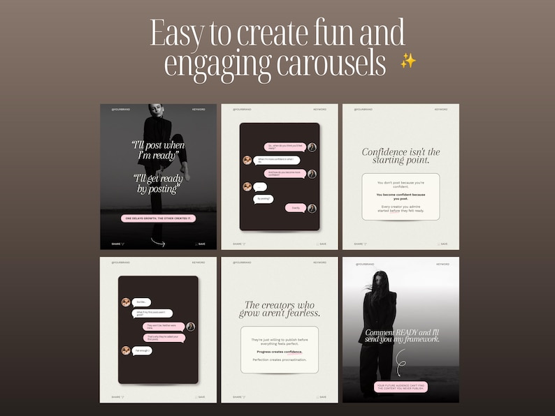May include: A digital template set for social media carousels featuring six distinct slides with a neutral color palette. The design includes serif typography, text boxes, chat bubble graphics, and photographic elements with the text Easy to create fun and engaging carousels.