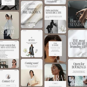 Minimalistiska Instagram-mallar Canva, coacher och personliga varumärken, svartvitt redaktionellt kit för sociala medier + bonusar, karuseller och inlägg