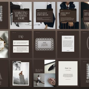 Flat lay showcase of multiple Instagram post templates in a luxury editorial style featuring marketing content, quotes, announcements and promotional designs in coordinated brown and neutral tones.